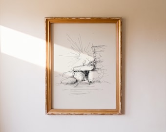 Minimalist The Empty Tomb Digital Art, He is Risen Easter Sketch Drawing, Christian Resurrection Wall Art, Printable Fine Art Faith Decor