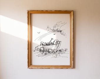 Impressões de arte minimalista da Arca de Noé | Desenho para imprimir da história bíblica com animais | Arte cristã para quarto infantil | Download para decoração de berçário com tema de fé e esperança
