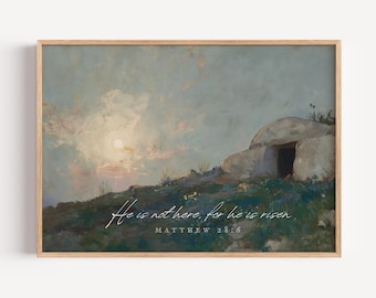 Arte de parede "Ele Ressuscitou", Túmulo Vazio de Jesus - Impressão Cristã, Mateus 28:6 - Versículo da Ressurreição, Decoração de Arte para a Páscoa, Arte Religiosa