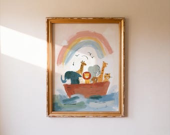 Impressões de arte de parede da Arca de Noé para berçário | Histórias bíblicas fofas de animais para imprimir | Arte cristã para quarto infantil | Download digital de decoração de berçário com fé
