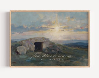 Arte de parede cristã para imprimir com o túmulo de Jesus, versículo bíblico de Mateus 28:6: "Ele não está aqui, mas ressuscitou", inspirada na fé dos Rolling Stones na Páscoa.