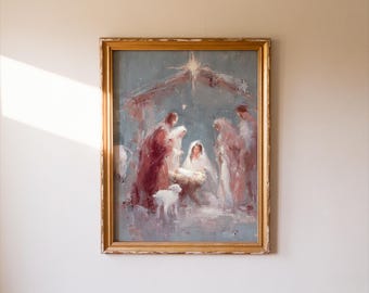 Pintura da Natividade para Decoração de Parede Natalina Cristã | Cena do Nascimento de Maria, José e Jesus para Imprimir | Download de Escrituras e Fé para Decoração Religiosa de Natal