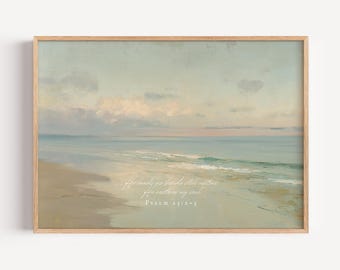 Salmo 23:2-3 - Impressões Bíblicas sobre Águas Tranquilas, Escritura na Praia do Oceano, Arte Cristã para Imprimir, Decoração com Arte de Fé Bíblica, Download de Belas Artes