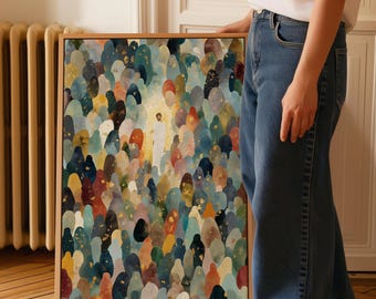 Jesus alimenta os 5000 - Arte de parede cristã para imprimir, estampa abstrata de Jesus na multidão, decoração moderna com história bíblica, obra de arte religiosa.