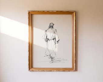 Desenho digital minimalista de Jesus Cristo caminhando, arte cristã para parede, decoração inspiradora com temática bíblica para imprimir.