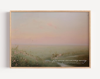 Quadro cristão com estampa de prado floral, Lamentações 3:22-23, versículo bíblico para imprimir: "Suas misericórdias se renovam a cada manhã", Escritura, Natureza, Fé, Arte de parede.