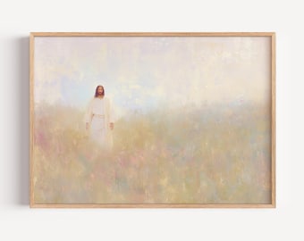 Jesus no Prado - Arte de Parede Cristã, Impressões Bíblicas Florais em Tons Pastel, Decoração de Fé para Imprimir, Pôster Religioso de Flores Silvestres, Arte Abstrata