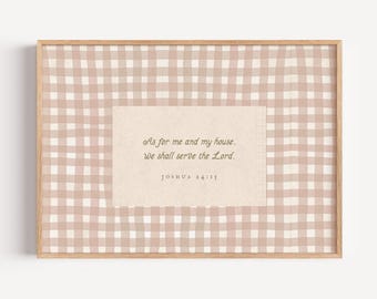 Impressões bíblicas cristãs em xadrez vichy com Josué 24:15: "Quanto a mim e à minha casa", arte de parede retrô com listras bege e tema de fé.