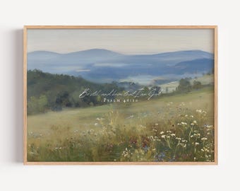 Aquietai-vos e sabei. Salmo 46:10 - Impressões Bíblicas - Prado na Montanha - Versículo, Arte Cristã para Imprimir, Arte Bíblica sobre Fé - Download de Belas Artes