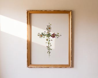 Impressão de arte com cruz feita de flores prensadas, arte de parede cristã, decoração floral de Páscoa para imprimir, pôster inspirador em formato digital para download.