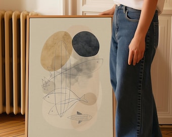 Arte de parede cristã abstrata com tema de peixes e pães para imprimir, ilustração minimalista da história bíblica, decoração da multiplicação dos pães e peixes, impressão de arte fina com temática de fé em tons neutros.