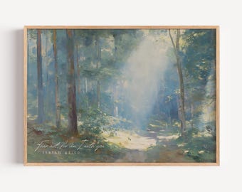 Impressão cristã da floresta com o versículo bíblico de Isaías 41:10: "Não temas, porque eu estou contigo", arte de parede inspirada na fé na natureza, decoração de Páscoa.