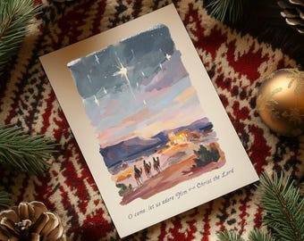Cartão de Natal Cristão para Download, Cartão de Presépio em Aquarela para Imprimir, Download Digital, Cartão Religioso, Venham, Adoremos a Ele