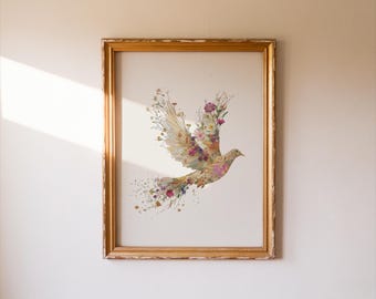 Impressão artística de pomba da paz floral | Arte de parede da fé cristã | Pôster inspirador para imprimir | Arte com flores prensadas | Download de arte digital