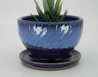 Succulent Planter with attached Saucer and drainage hole | Small Plant - Herb Pottery | Handcrafted Stoneware - Purple Glaze - Free Shipping