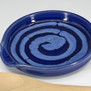 Spoon Rest - Handcrafted Stoneware with Dark Blue glaze and Soft Blue glaze swirl design - Seiz Pottery - FREE Shipping