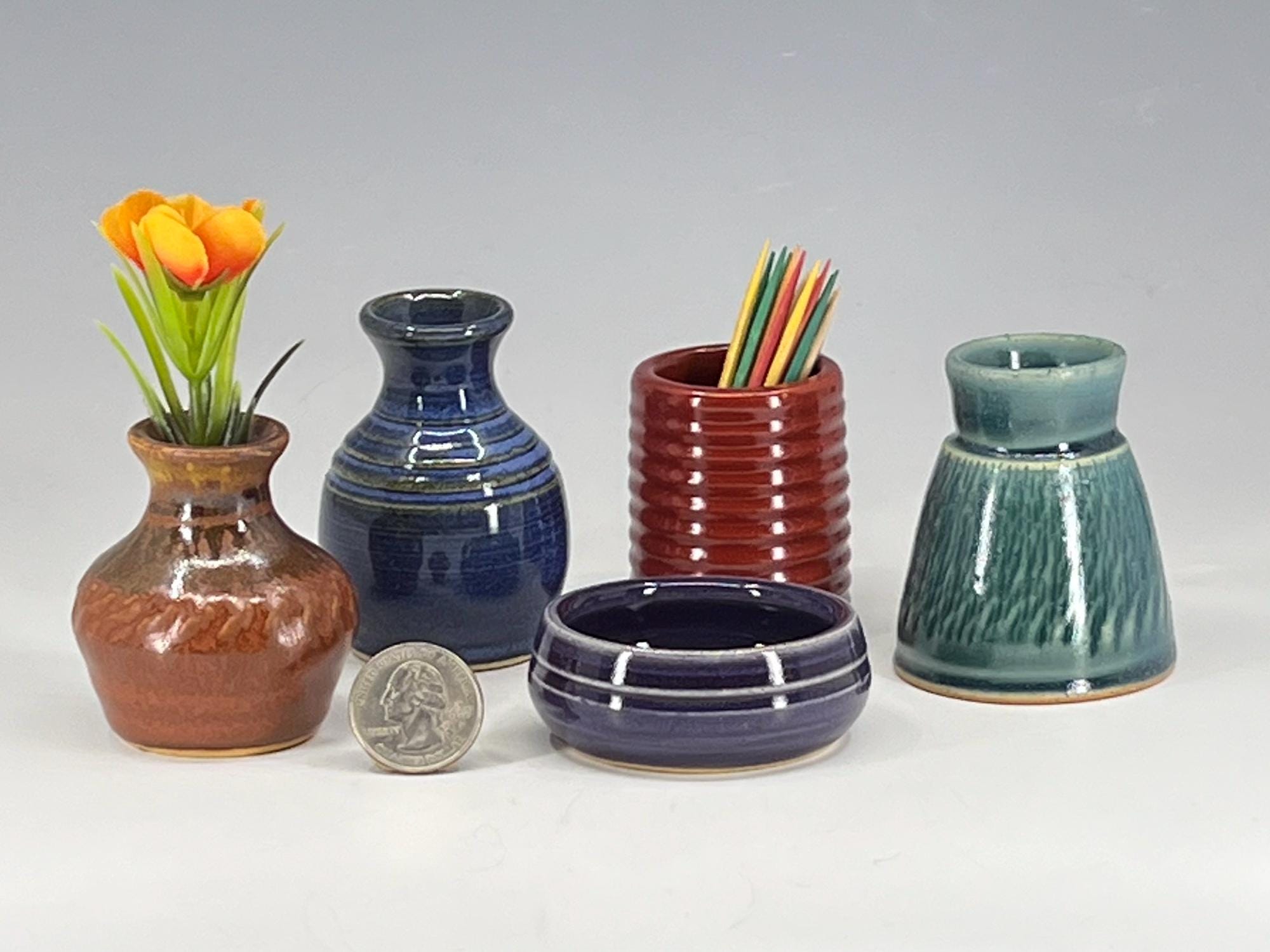 Miniature Pottery Vases - Colorful set of 5  - bud vases / toothpick holders / tiny pots  - FREE Shipping on all Art Pottery