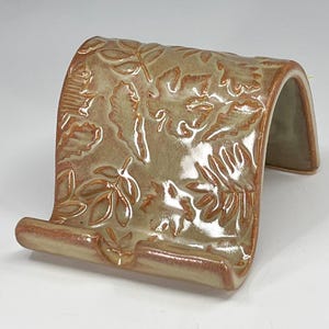 Handcrafted Stoneware Phone Stand: Stylized Leaf Design Business Card Holder