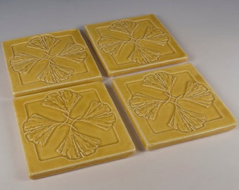 Arts and Crafts Mission / Bungalow Style Tile Coasters - Set of 4 Ginkgo Leaf Design  - Yellow Gold Glaze - FREE Shipping on all orders