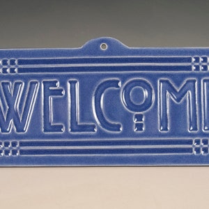 Welcome Tile - Arts & Crafts Mission Style - Blue Glaze  - FREE Shipping on all Seiz Art Pottery orders.