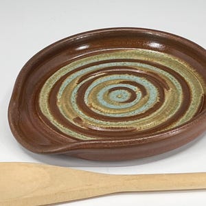 Spoon Rest - Handcrafted Stoneware with Blended Earthtone glazes with organic green details - Seiz Pottery  - FREE Shipping on Pottery