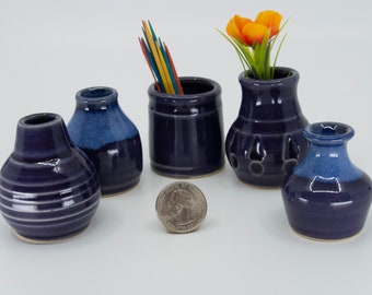 Miniature Pottery Vases - Colorful set of 5 Purple Glazed - bud vases / toothpick holders / tiny pots  - FREE Shipping on all Art Pottery