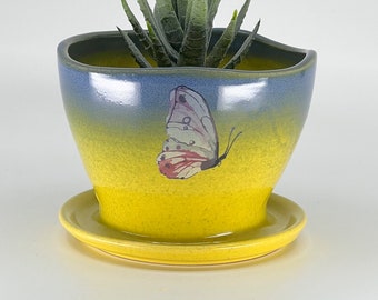 Succulent Planter with attached Saucer and drainage hole | Small Plant Pottery | Handcrafted - Yellow / Blue Glaze with Butterfly Design