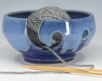 Yarn / Knitting Cobalt Blue Bowl  with light blue blended rim - Wheel Thrown Stoneware by Seiz Pottery - FREE Shipping