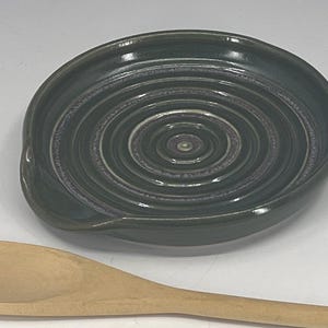 Spoon Rest - Handcrafted Stoneware with Dark Green glaze and Gray lines by Seiz Art Pottery  - FREE Shipping on all pottery orders