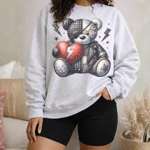 Edgy Patchwork Teddy Bear Sweatshirt | Gothic Valentine Gift