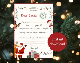 Plantilla imprimible de carta a Papá Noel: Lista de deseos navideña para niños (descarga digital)