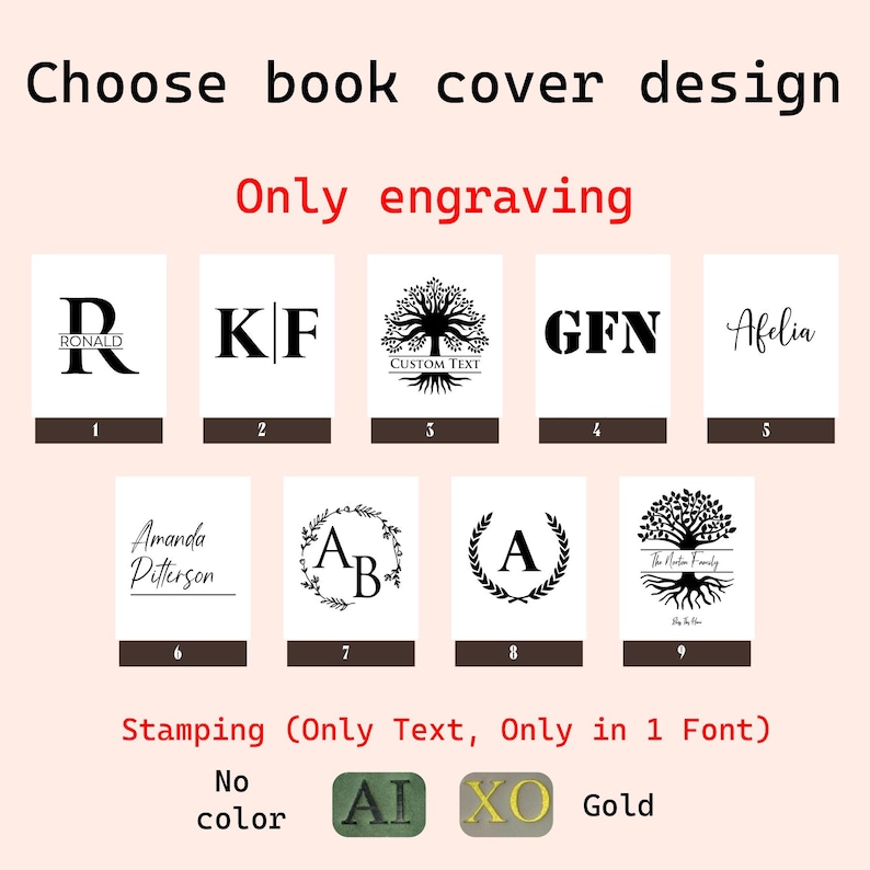 May include: Image displaying nine book cover design options with different fonts and graphics. Designs include initials, names, and a family tree. The text reads "Choose book cover design" and "Only engraving."