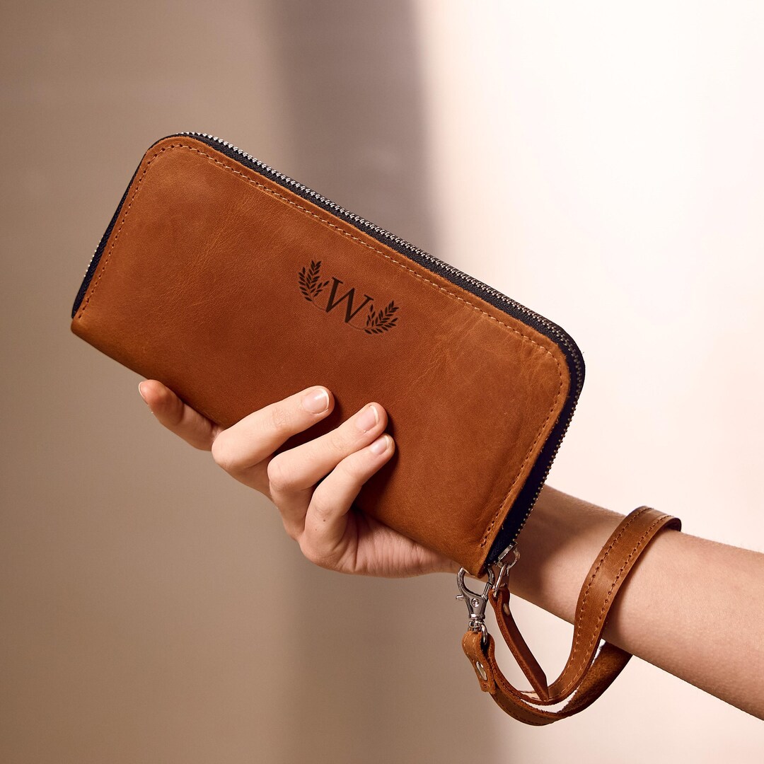 Personalized Leather Long Wallet, Womens Wristlet Wallet, Leather ...
