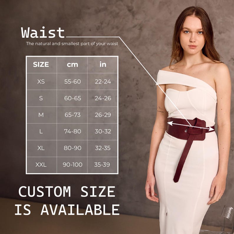 May include: A burgundy leather waist belt with a unique wrap design, worn over a white dress. The image includes a size chart with measurements in inches and centimeters, and text that reads "CUSTOM SIZE IS AVAILABLE."