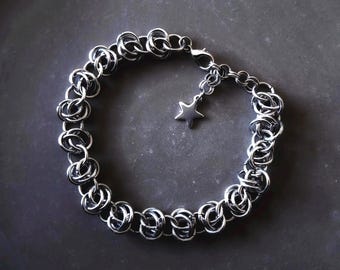 Stainless Steel Barrel Weave Adjustable Chainmail Bracelet, Handmade Chainmaille Jewellery