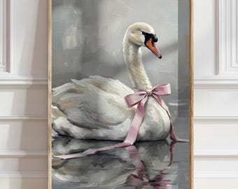 Swan Wall Art Vintage Painting Pink Bow Artwork Elegant Cottagecore Decor Girly Illustration Printable Digital Download for Living Room