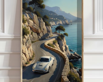Muurdecoratie in de stijl van een luxe auto met een vintage uitstraling, elegante retro poster met een Italiaanse kustroute, printbare digitale download voor de woonkamer.