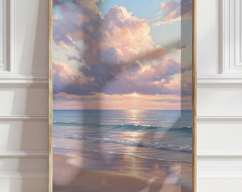 Pastel Sunset Beach Pink Sunset Print Boho Coastal Art Ocean Sea Artwork Calming Illustration Printable Digital Download for Living Room