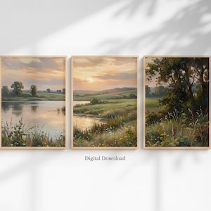 Puede incluir: Conjunto de tres láminas artísticas enmarcadas con paisajes. Cada lámina representa una serena escena junto al agua con un cielo al atardecer, exuberante vegetación y una tranquila masa de agua. El texto "Digital Download" está en la parte inferior.
