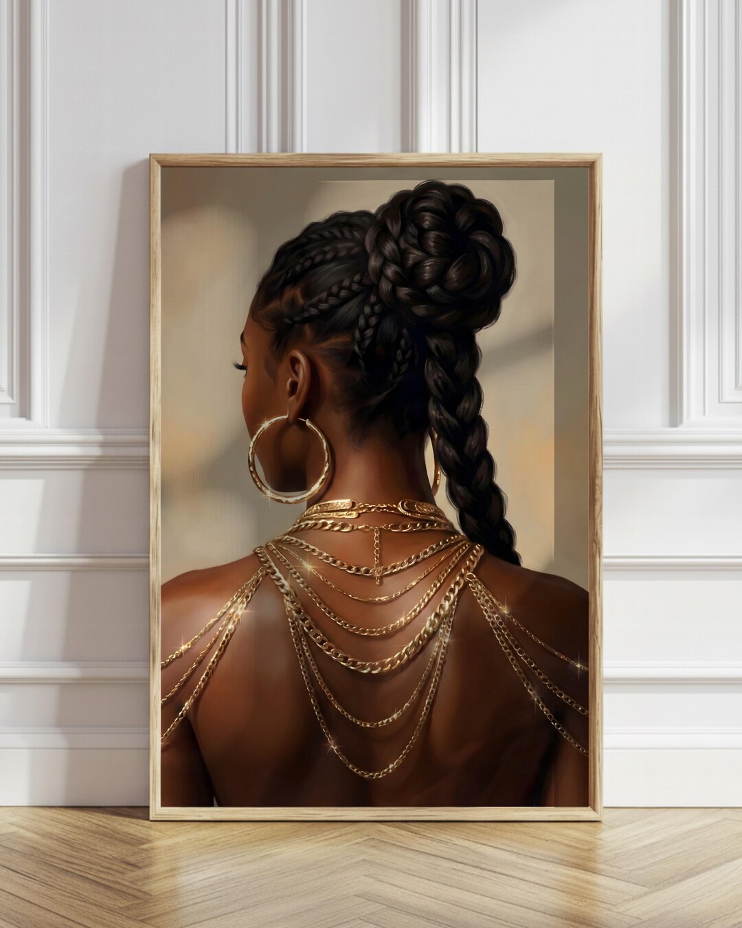 Black Woman Wall Art Braided Hair Gold Jewelry Portrait Afrocentric ...