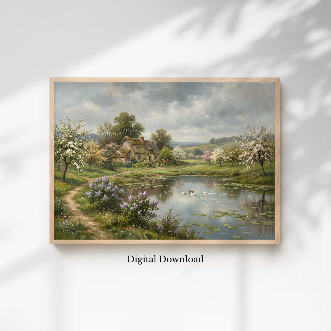Country Cottage Wall Art Printable Spring Landscape Painting Artwork ...