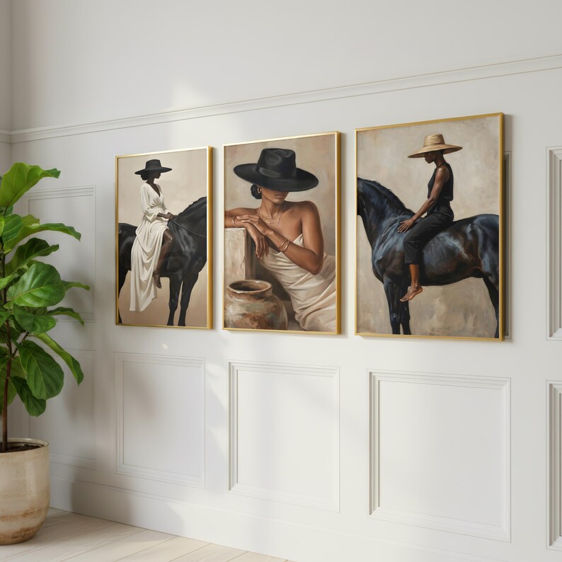 Afrocentric Black Woman on Horse Wall Art Set of 3 Modern African ...