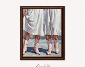 Cowboystöveltryck Rosa västerländsk konst Flickig lägenhetsinredning Vintage Retro Poster 1950-talets estetiska konstverk Digital nedladdning för vardagsrum