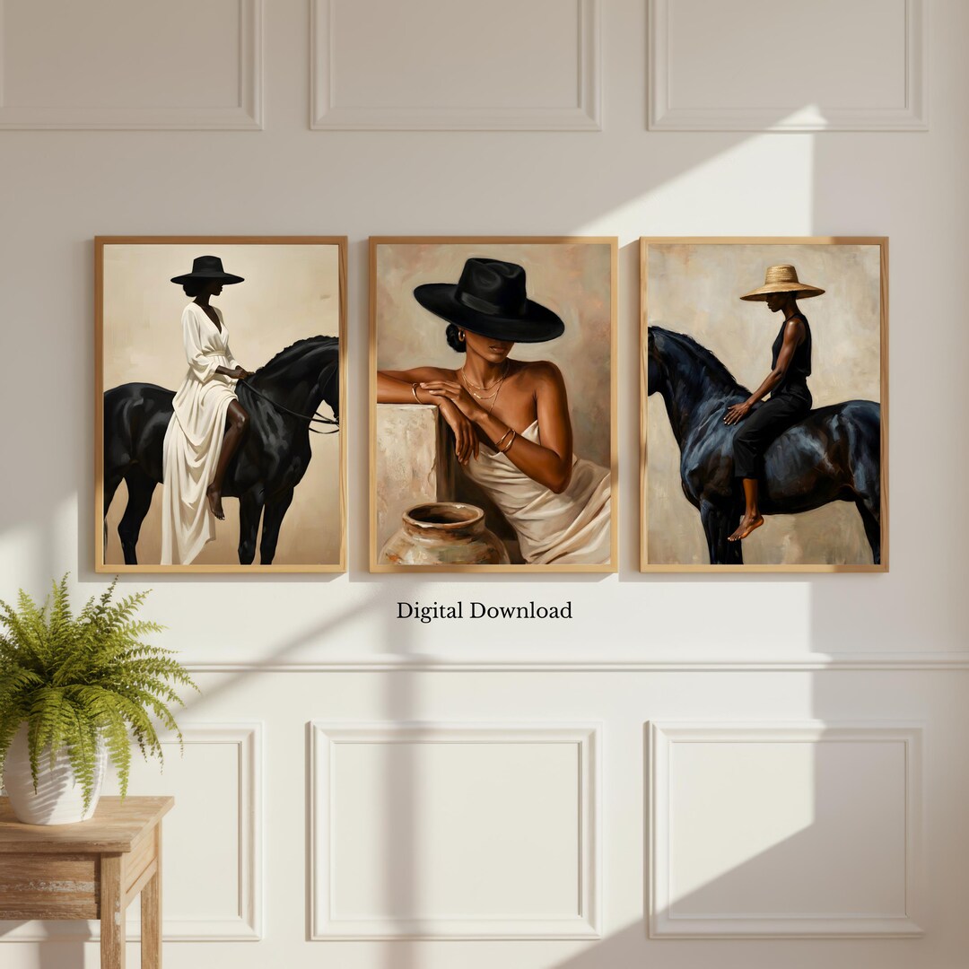 Afrocentric Black Woman on Horse Wall Art Set of 3 Modern African ...