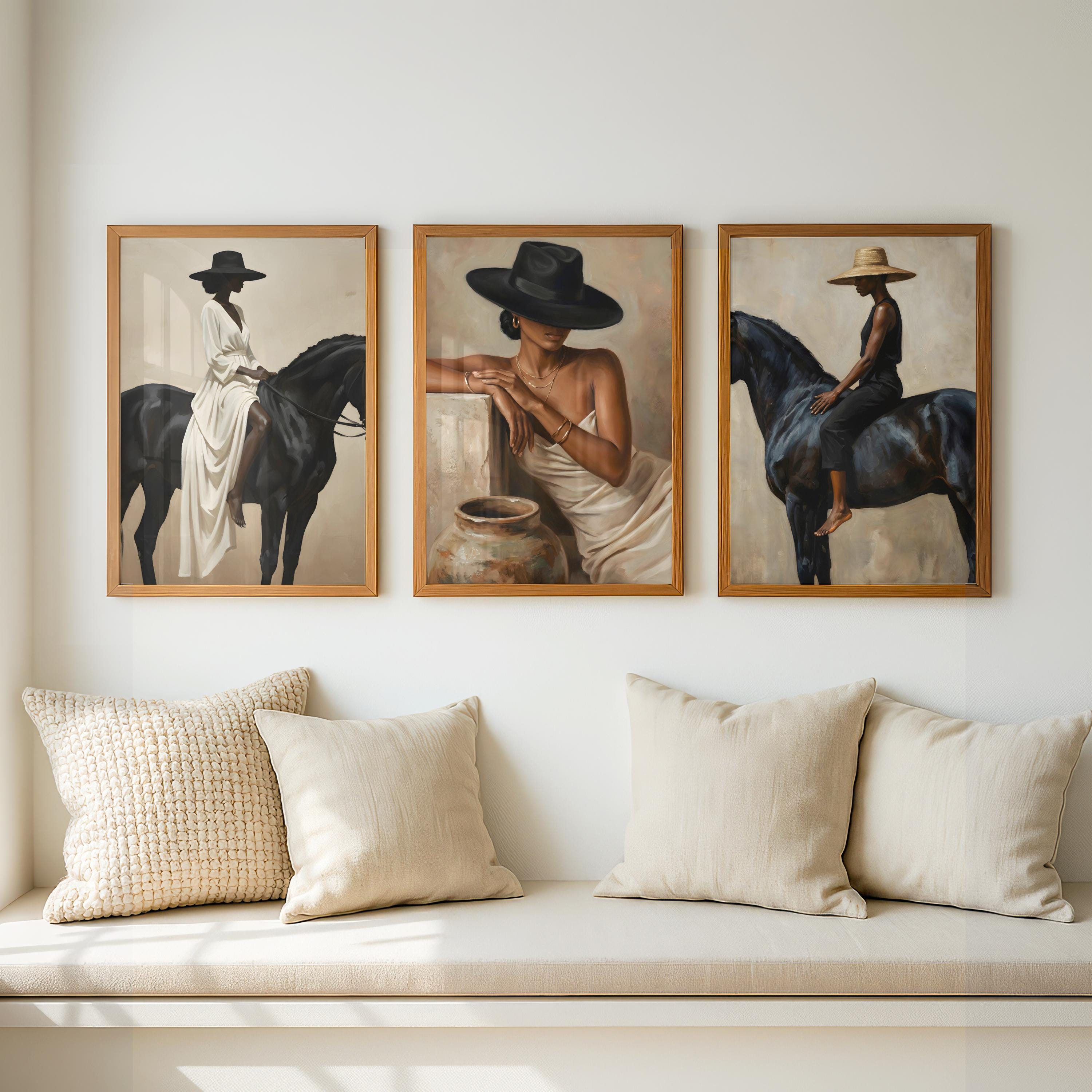 Afrocentric Black Woman on Horse Wall Art Set of 3 Modern African ...