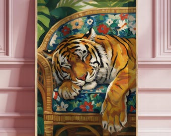 Affiche tigre, oeuvre d'art colorée, décoration murale maximaliste, chambre à coucher tendance, imprimable en téléchargement numérique, art animalier moderne pour le salon ou le bureau