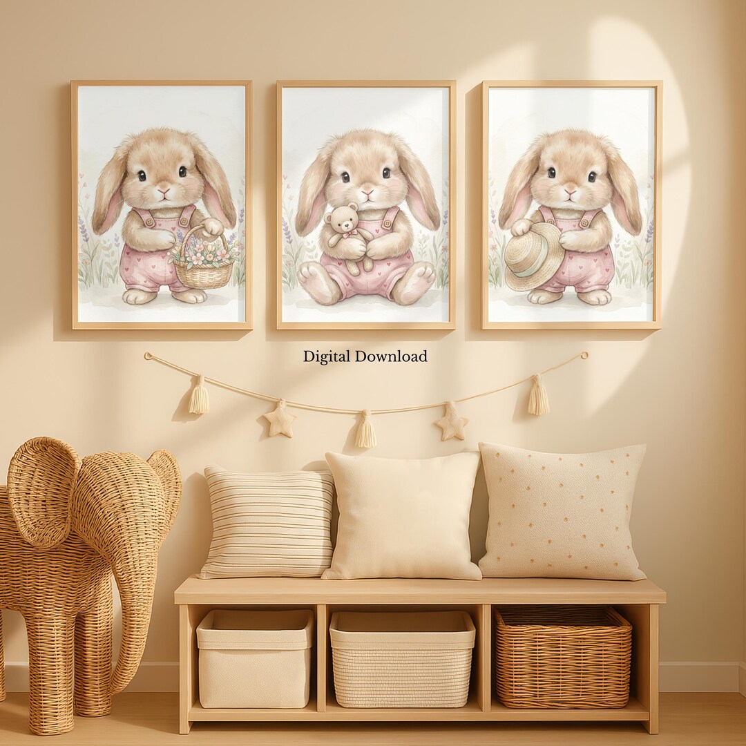 Bunny Nursery Wall Art Set of 3 Rabbit Prints Baby Girl Room Watercolor ...