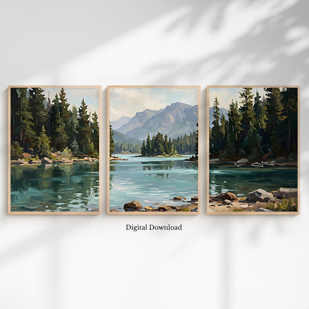 Mountain Lake Wall Art Set of 3 Evergreen Forest Prints Rustic Cabin ...