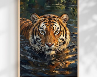 May include: A framed art print of a tiger swimming in water. The tiger's orange and black striped fur contrasts with the dark water and green foliage. The artwork is a digital download.