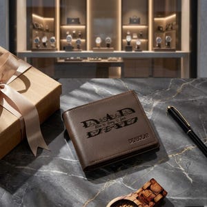 May include: A brown leather wallet with the word "DAD" and the names Allen, Henry, and Josh engraved on it. The wallet sits on a marble surface, next to a pen and a gift box with a ribbon.